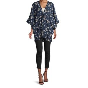 Navy Blue Floral Print Tie Kimono | Size L-XL